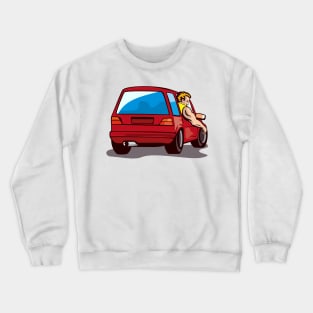 Red Hatchback Car with Man Crewneck Sweatshirt